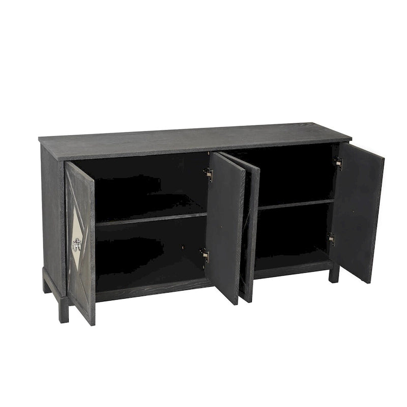 Buffet 4 portes avec portes à panneaux miroirs et poignées dorées – Gris / Bois, MDF et placage bois, pieds en bois massif