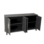 Buffet 4 portes avec portes à panneaux miroirs et poignées dorées – Gris / Bois, MDF et placage bois, pieds en bois massif