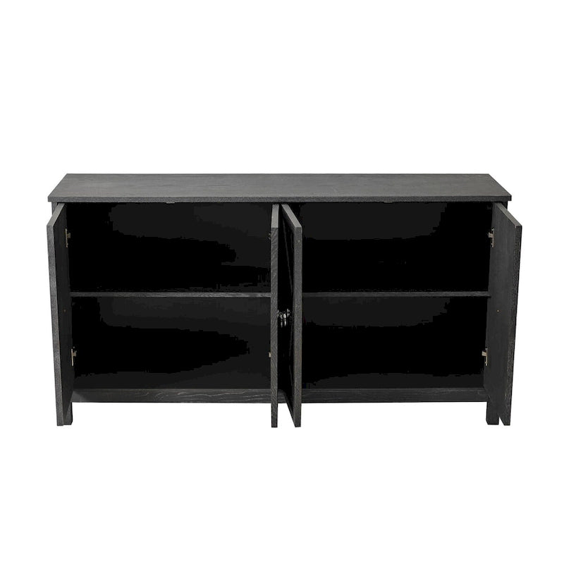 Buffet 4 portes avec portes à panneaux miroirs et poignées dorées – Gris / Bois, MDF et placage bois, pieds en bois massif