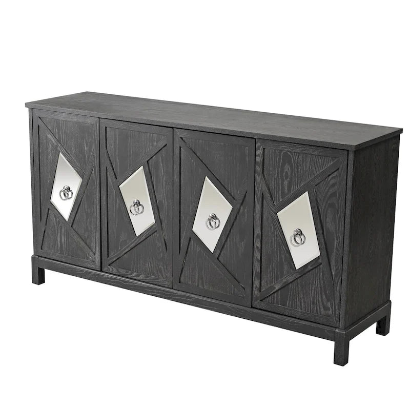 Buffet 4 portes avec portes à panneaux miroirs et poignées dorées – Gris / Bois, MDF et placage bois, pieds en bois massif