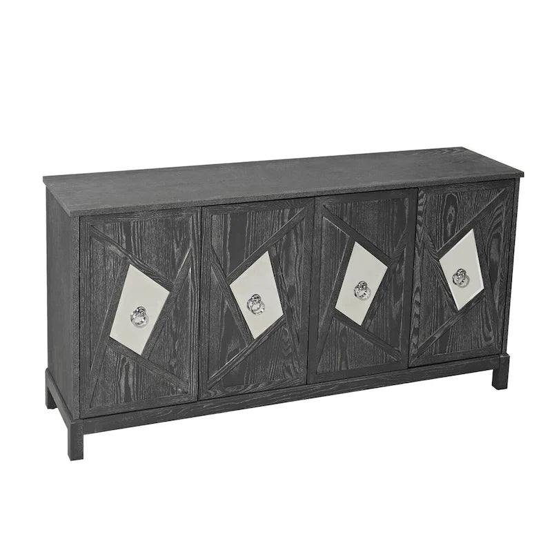 Buffet 4 portes avec portes à panneaux miroirs et poignées dorées – Gris / Bois, MDF et placage bois, pieds en bois massif