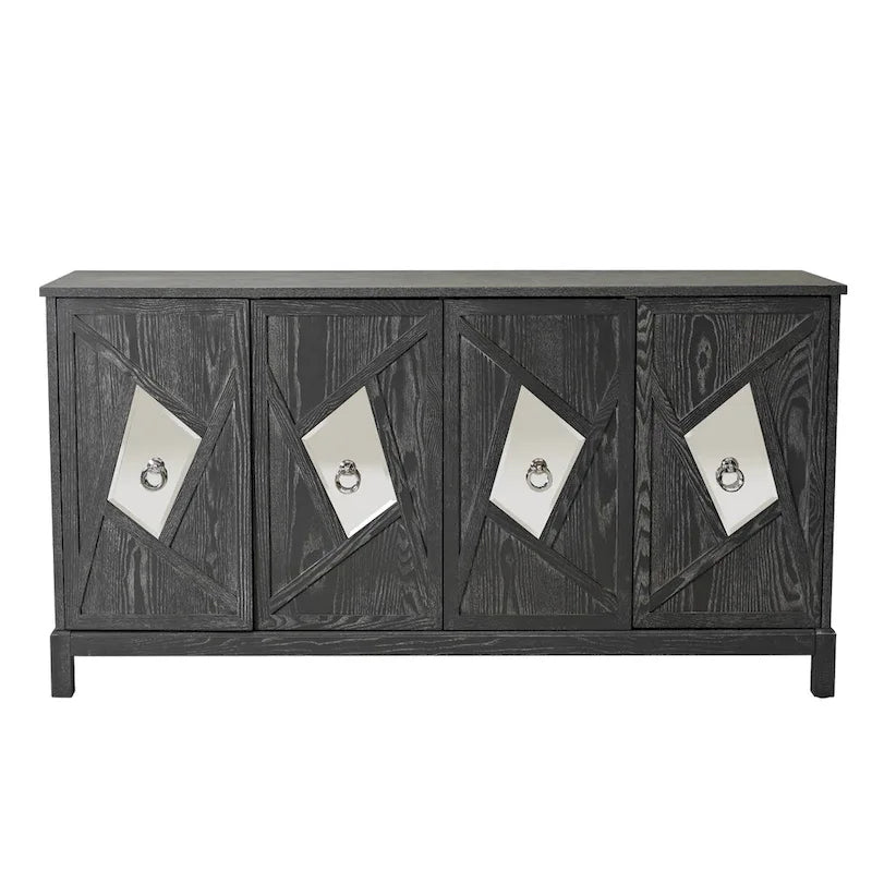 Buffet 4 portes avec portes à panneaux miroirs et poignées dorées – Gris / Bois, MDF et placage bois, pieds en bois massif
