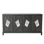 Buffet 4 portes avec portes à panneaux miroirs et poignées dorées – Gris / Bois, MDF et placage bois, pieds en bois massif