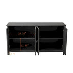 Buffet 4 portes avec portes à panneaux miroirs et poignées dorées – Gris / Bois, MDF et placage bois, pieds en bois massif