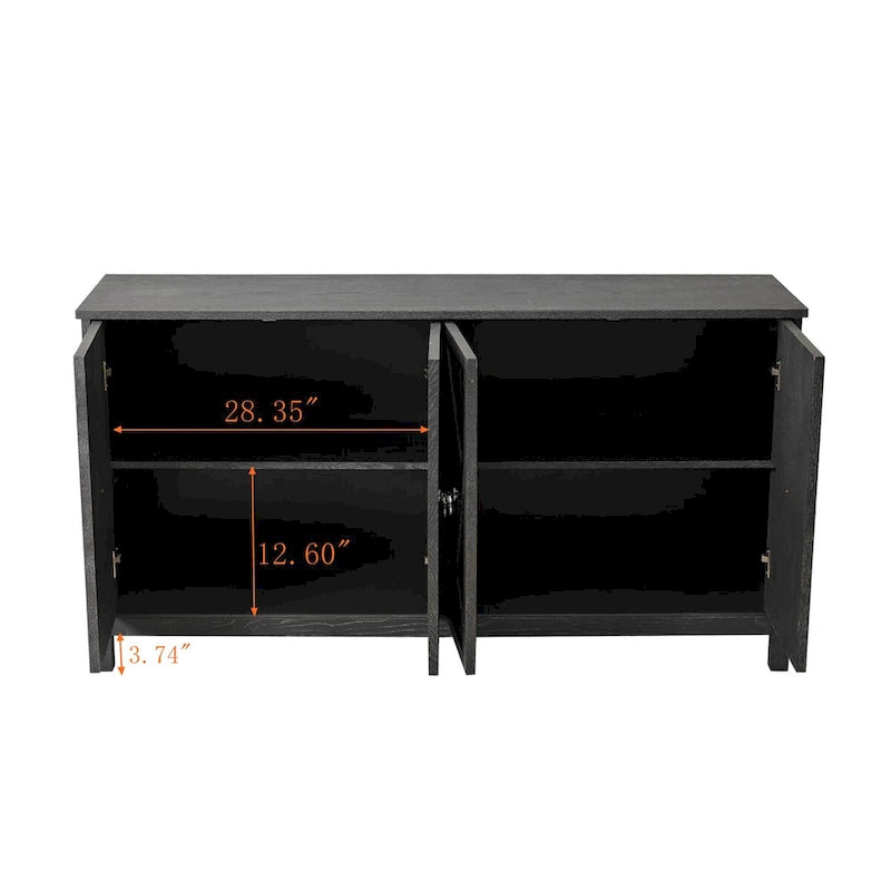 Buffet 4 portes avec portes à panneaux miroirs et poignées dorées – Gris / Bois, MDF et placage bois, pieds en bois massif