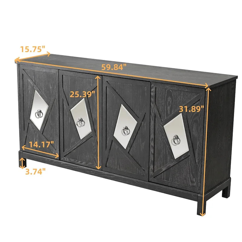 Buffet 4 portes avec portes à panneaux miroirs et poignées dorées – Gris / Bois, MDF et placage bois, pieds en bois massif