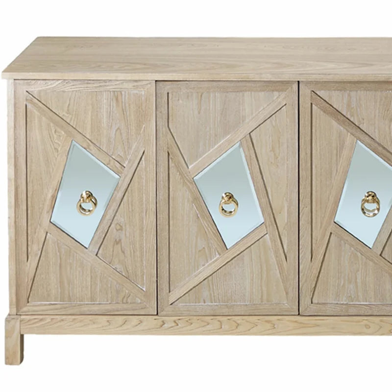 Buffet 4 portes avec portes à panneaux miroirs et poignées dorées – Gris / Bois, MDF et placage bois, pieds en bois massif