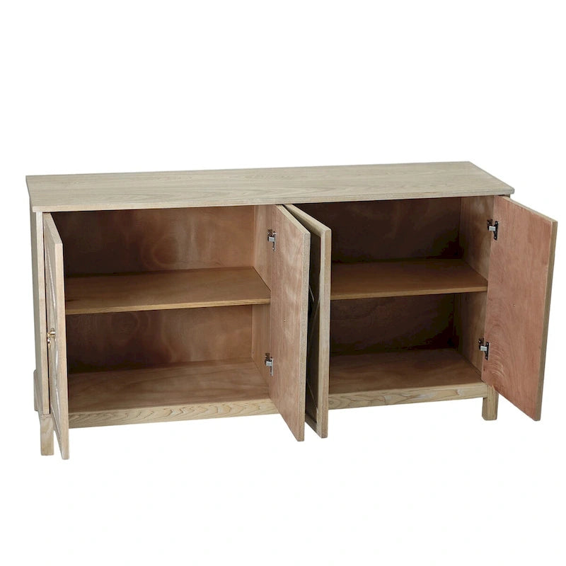 Buffet 4 portes avec portes à panneaux miroirs et poignées dorées – Gris / Bois, MDF et placage bois, pieds en bois massif