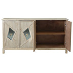 Buffet 4 portes avec portes à panneaux miroirs et poignées dorées – Gris / Bois, MDF et placage bois, pieds en bois massif