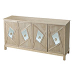 Buffet 4 portes avec portes à panneaux miroirs et poignées dorées – Gris / Bois, MDF et placage bois, pieds en bois massif