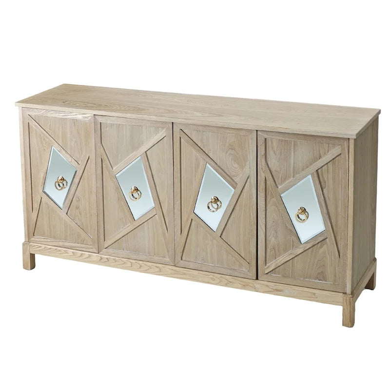 Buffet 4 portes avec portes à panneaux miroirs et poignées dorées – Gris / Bois, MDF et placage bois, pieds en bois massif