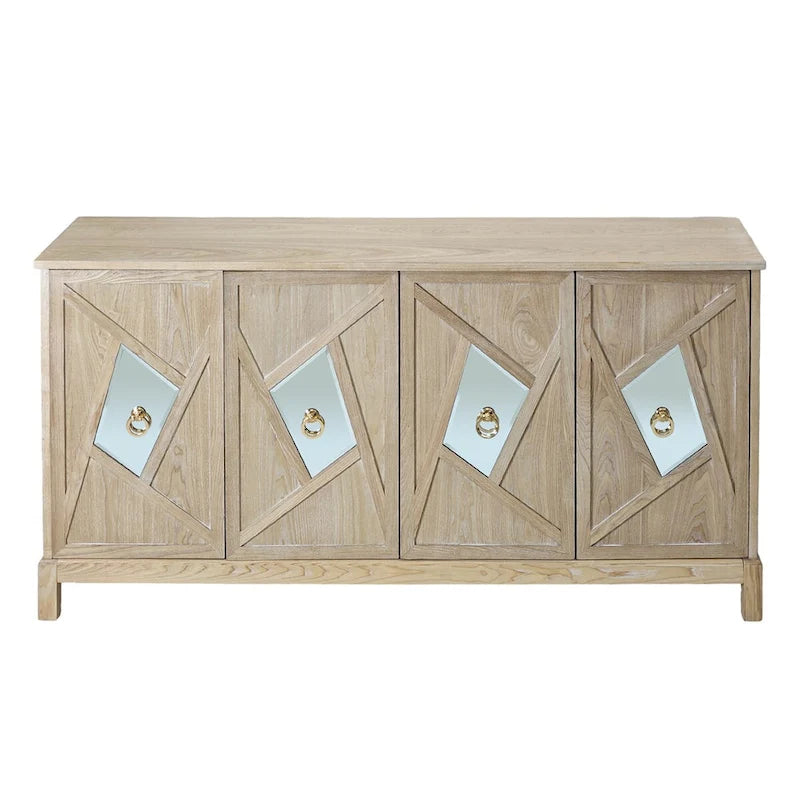 Buffet 4 portes avec portes à panneaux miroirs et poignées dorées – Gris / Bois, MDF et placage bois, pieds en bois massif