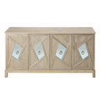Buffet 4 portes avec portes à panneaux miroirs et poignées dorées – Gris / Bois, MDF et placage bois, pieds en bois massif