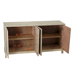 Buffet 4 portes avec portes à panneaux miroirs et poignées dorées – Gris / Bois, MDF et placage bois, pieds en bois massif
