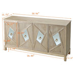 Buffet 4 portes avec portes à panneaux miroirs et poignées dorées – Gris / Bois, MDF et placage bois, pieds en bois massif