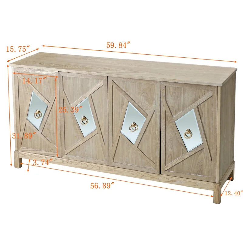 Buffet 4 portes avec portes à panneaux miroirs et poignées dorées – Gris / Bois, MDF et placage bois, pieds en bois massif