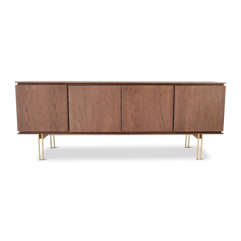 Buffet 4 portes en placage de bois avec cadre et tiroir en métal – Noyer/Or ou Gris/Titane, Fabriqué au Brésil