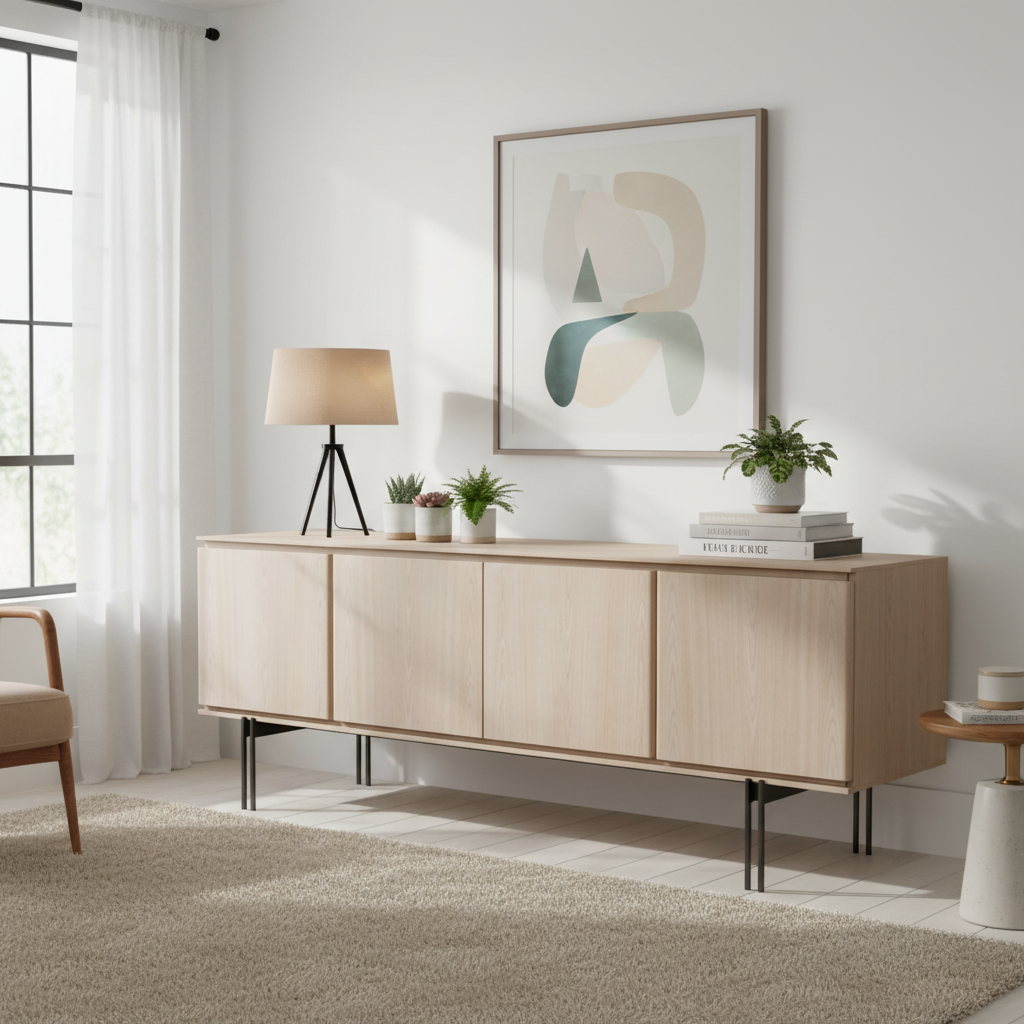 Buffet 4 portes en placage de bois avec cadre et tiroir en métal – Noyer/Or ou Gris/Titane, Fabriqué au Brésil