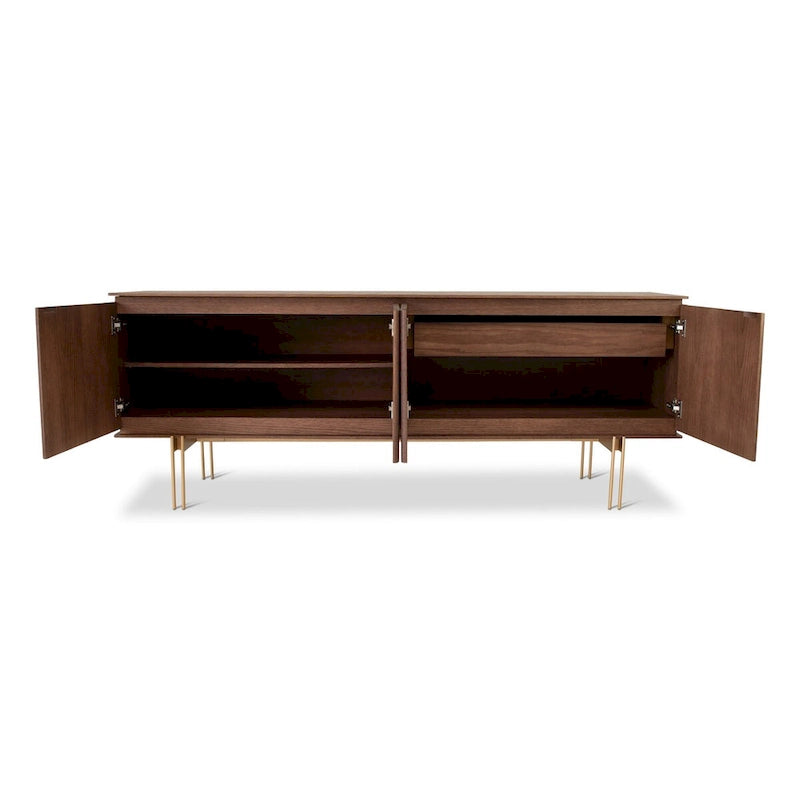 Buffet 4 portes en placage de bois avec cadre et tiroir en métal – Noyer/Or ou Gris/Titane, Fabriqué au Brésil