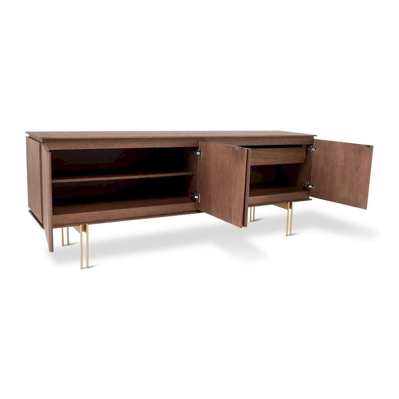 Buffet 4 portes en placage de bois avec cadre et tiroir en métal – Noyer/Or ou Gris/Titane, Fabriqué au Brésil