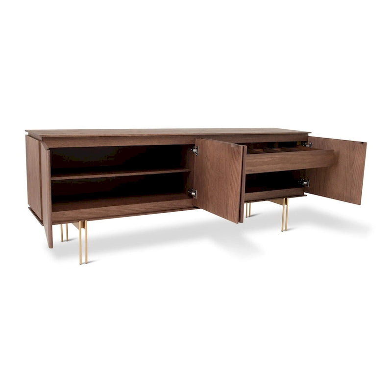 Buffet 4 portes en placage de bois avec cadre et tiroir en métal – Noyer/Or ou Gris/Titane, Fabriqué au Brésil