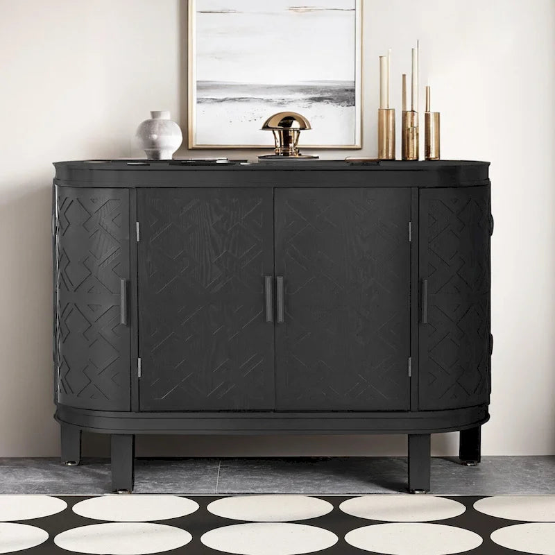 Buffet avec portes à motifs rétro en relief et pieds en bois de sapin – Noir / Blanc / Gris antique / Bleu marine, MDF