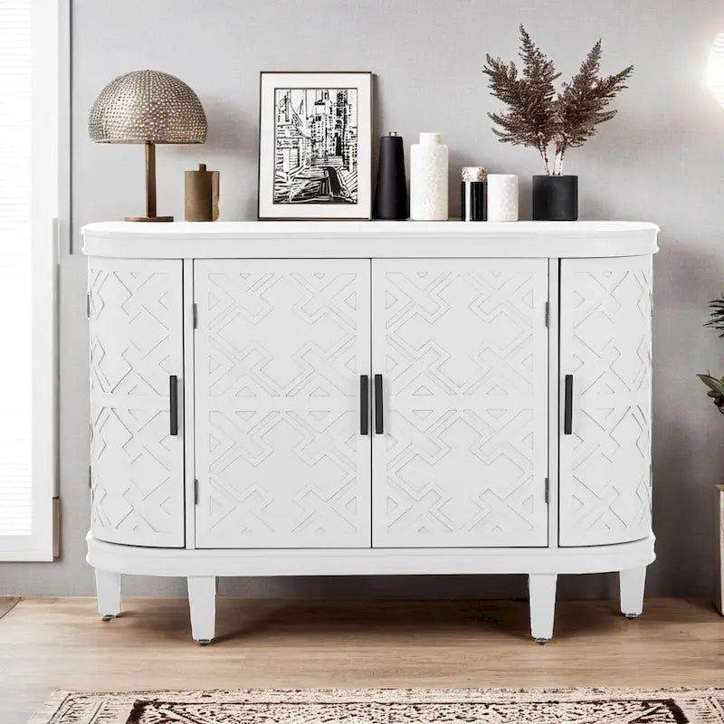 Buffet avec portes à motifs rétro en relief et pieds en bois de sapin – Noir / Blanc / Gris antique / Bleu marine, MDF