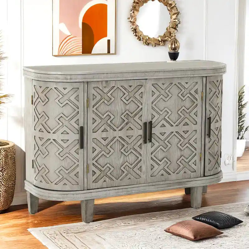Buffet avec portes à motifs rétro en relief et pieds en bois de sapin – Noir / Blanc / Gris antique / Bleu marine, MDF
