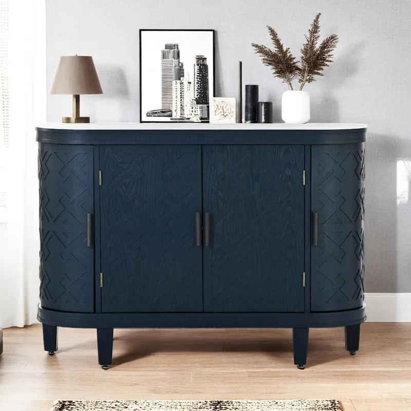 Buffet avec portes à motifs rétro en relief et pieds en bois de sapin – Noir / Blanc / Gris antique / Bleu marine, MDF