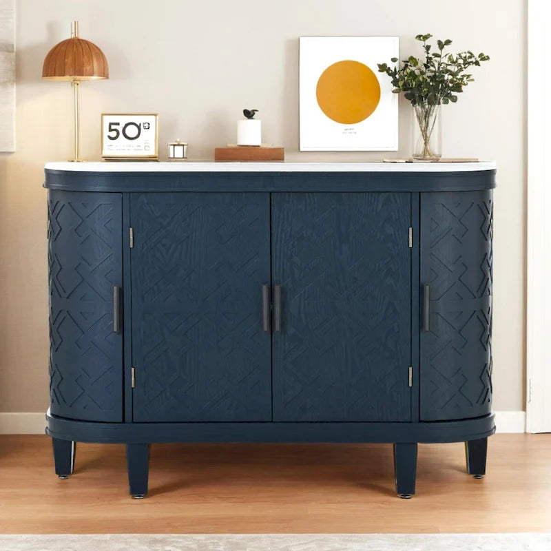 Buffet avec portes à motifs rétro en relief et pieds en bois de sapin – Noir / Blanc / Gris antique / Bleu marine, MDF