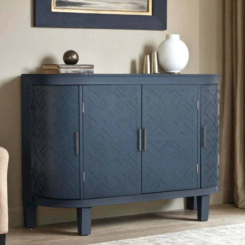 Buffet avec portes à motifs rétro en relief et pieds en bois de sapin – Noir / Blanc / Gris antique / Bleu marine, MDF