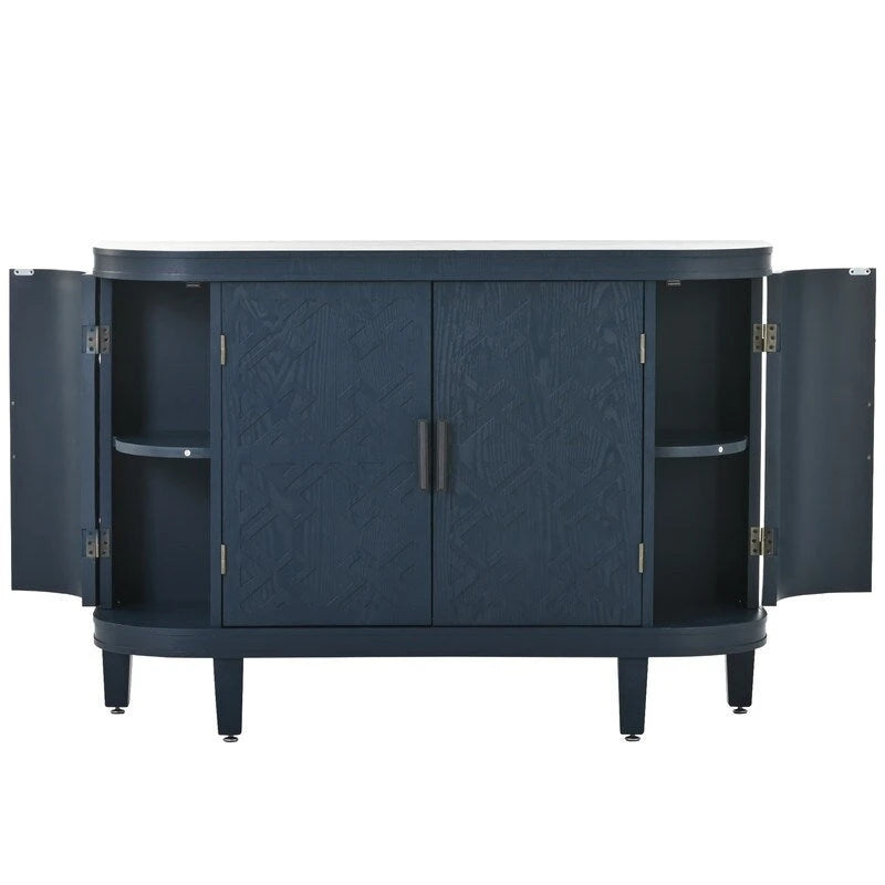 Buffet avec portes à motifs rétro en relief et pieds en bois de sapin – Noir / Blanc / Gris antique / Bleu marine, MDF