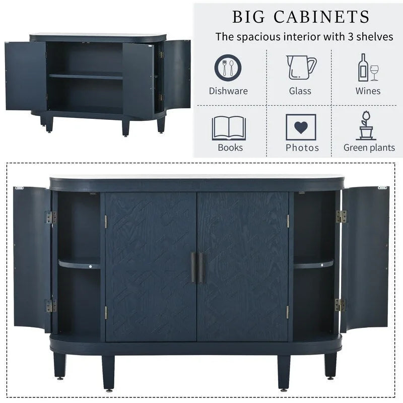 Buffet avec portes à motifs rétro en relief et pieds en bois de sapin – Noir / Blanc / Gris antique / Bleu marine, MDF