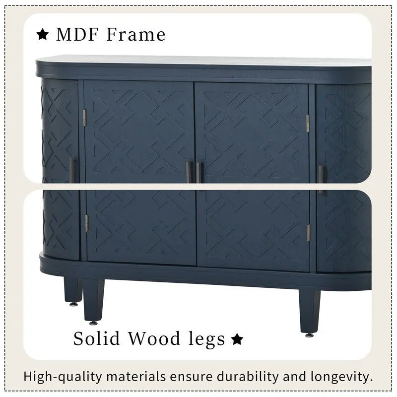 Buffet avec portes à motifs rétro en relief et pieds en bois de sapin – Noir / Blanc / Gris antique / Bleu marine, MDF