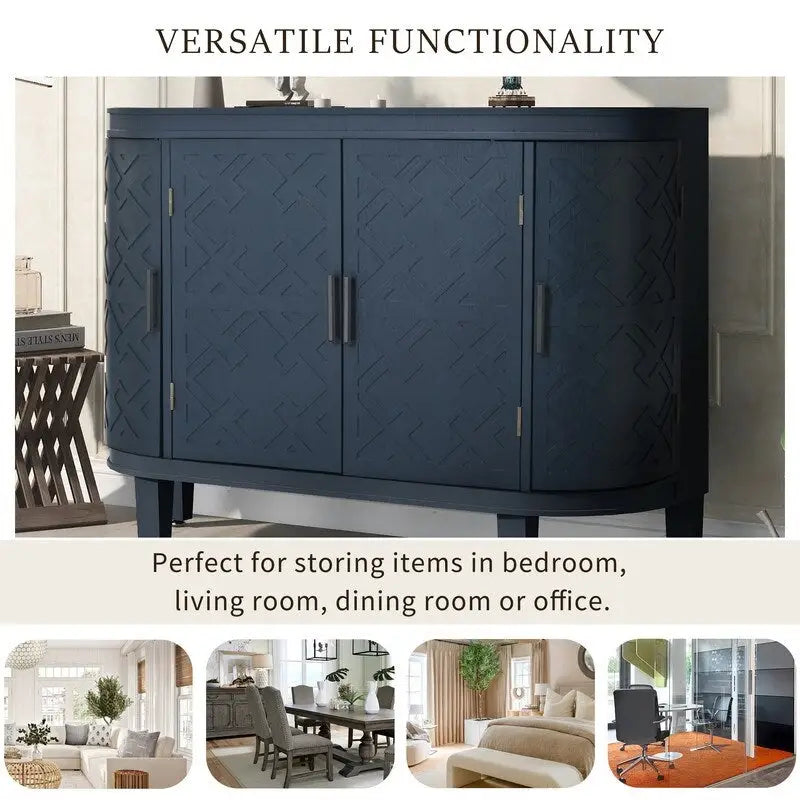 Buffet avec portes à motifs rétro en relief et pieds en bois de sapin – Noir / Blanc / Gris antique / Bleu marine, MDF