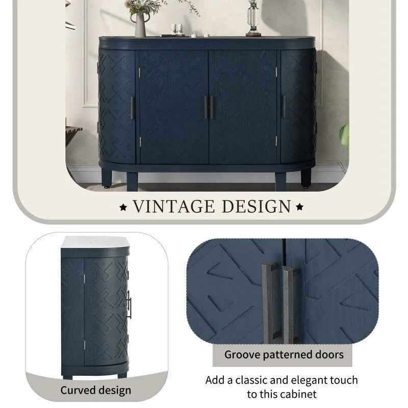 Buffet avec portes à motifs rétro en relief et pieds en bois de sapin – Noir / Blanc / Gris antique / Bleu marine, MDF