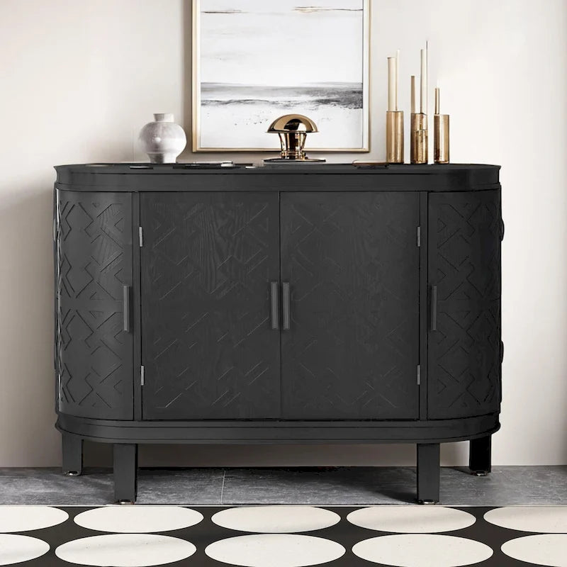 Buffet avec portes à motifs rétro en relief et pieds en bois de sapin – Noir / Blanc / Gris antique / Bleu marine, MDF