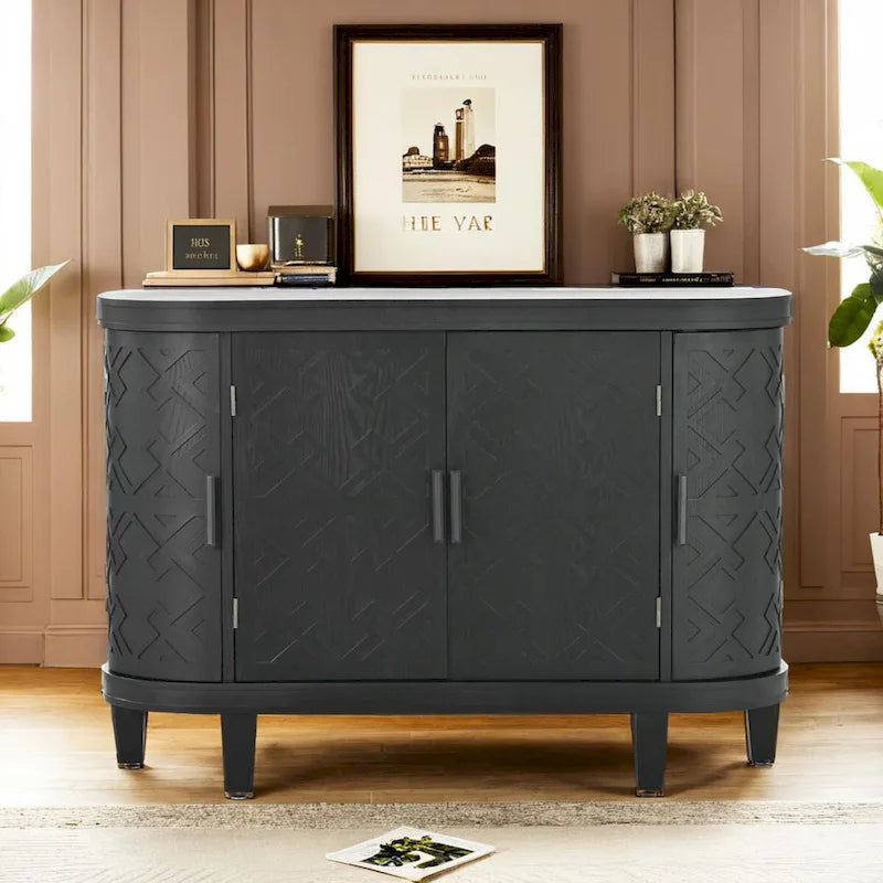 Buffet avec portes à motifs rétro en relief et pieds en bois de sapin – Noir / Blanc / Gris antique / Bleu marine, MDF