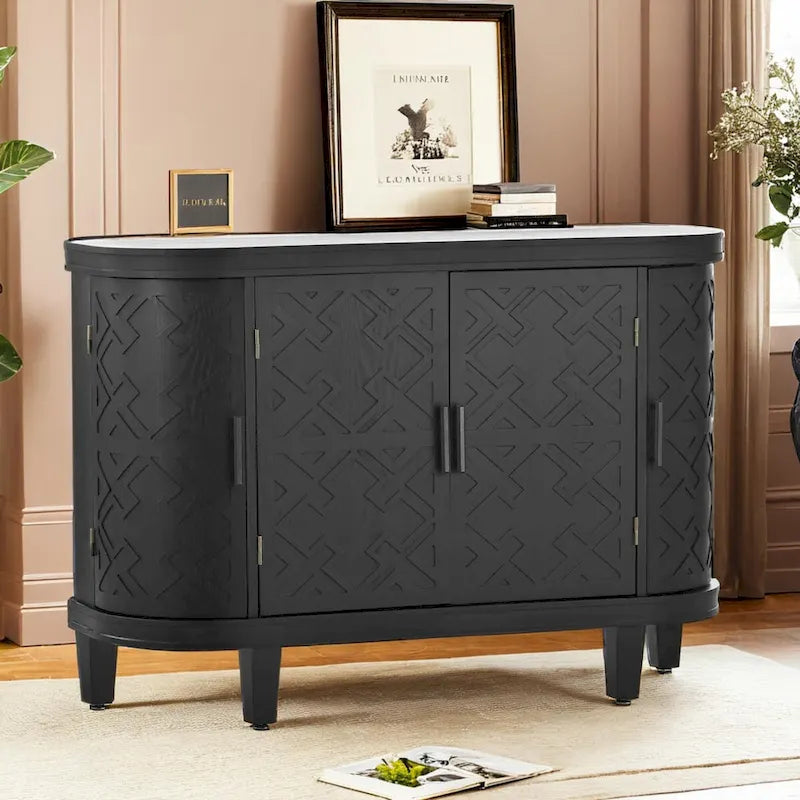 Buffet avec portes à motifs rétro en relief et pieds en bois de sapin – Noir / Blanc / Gris antique / Bleu marine, MDF