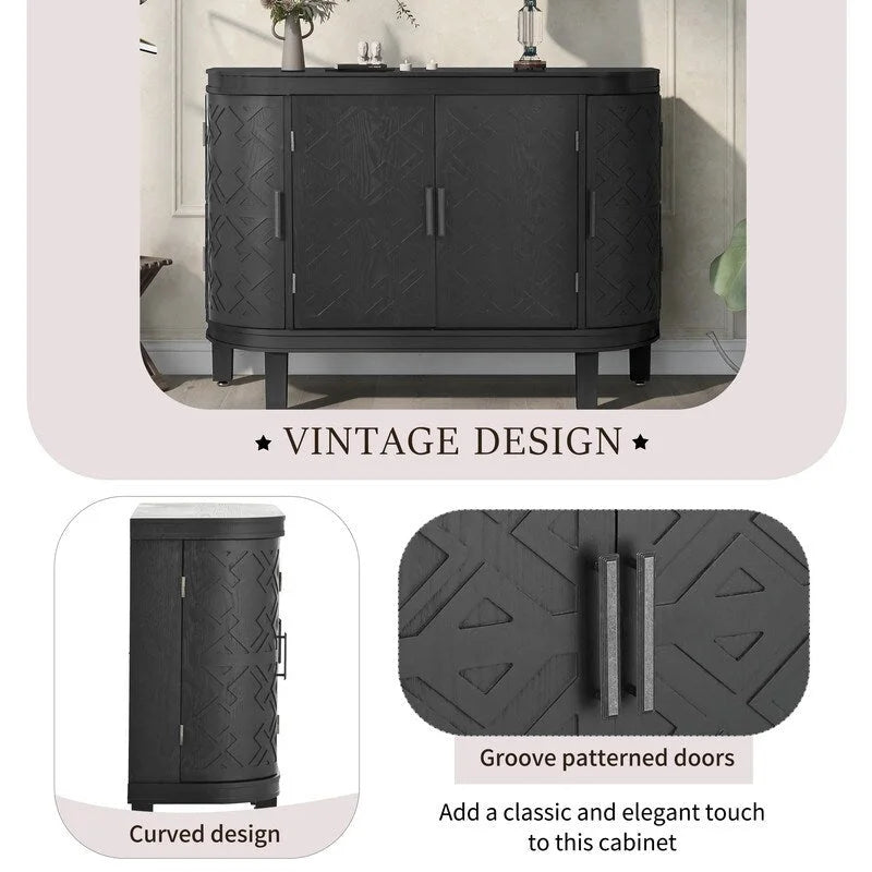 Buffet avec portes à motifs rétro en relief et pieds en bois de sapin – Noir / Blanc / Gris antique / Bleu marine, MDF