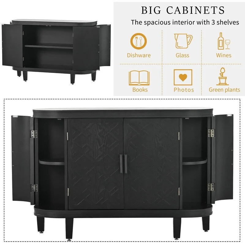 Buffet avec portes à motifs rétro en relief et pieds en bois de sapin – Noir / Blanc / Gris antique / Bleu marine, MDF