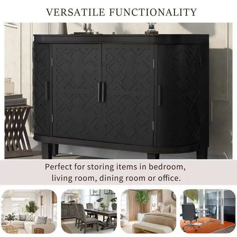 Buffet avec portes à motifs rétro en relief et pieds en bois de sapin – Noir / Blanc / Gris antique / Bleu marine, MDF