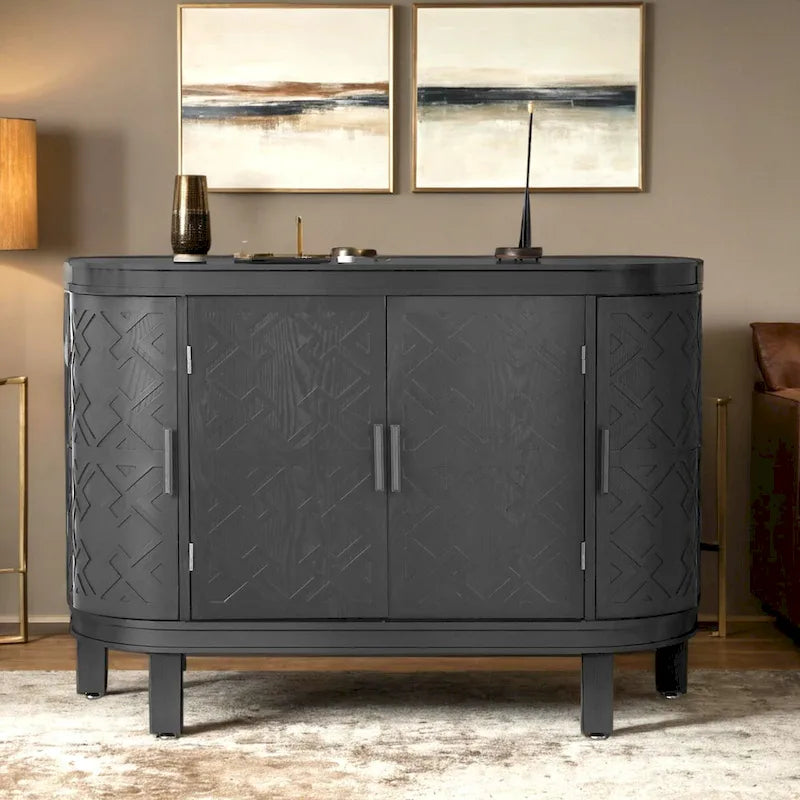 Buffet avec portes à motifs rétro en relief et pieds en bois de sapin – Noir / Blanc / Gris antique / Bleu marine, MDF