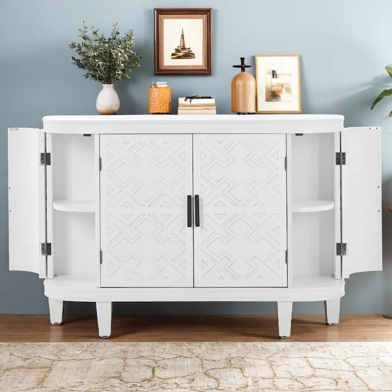 Buffet avec portes à motifs rétro en relief et pieds en bois de sapin – Noir / Blanc / Gris antique / Bleu marine, MDF