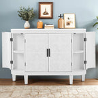 Buffet avec portes à motifs rétro en relief et pieds en bois de sapin – Noir / Blanc / Gris antique / Bleu marine, MDF