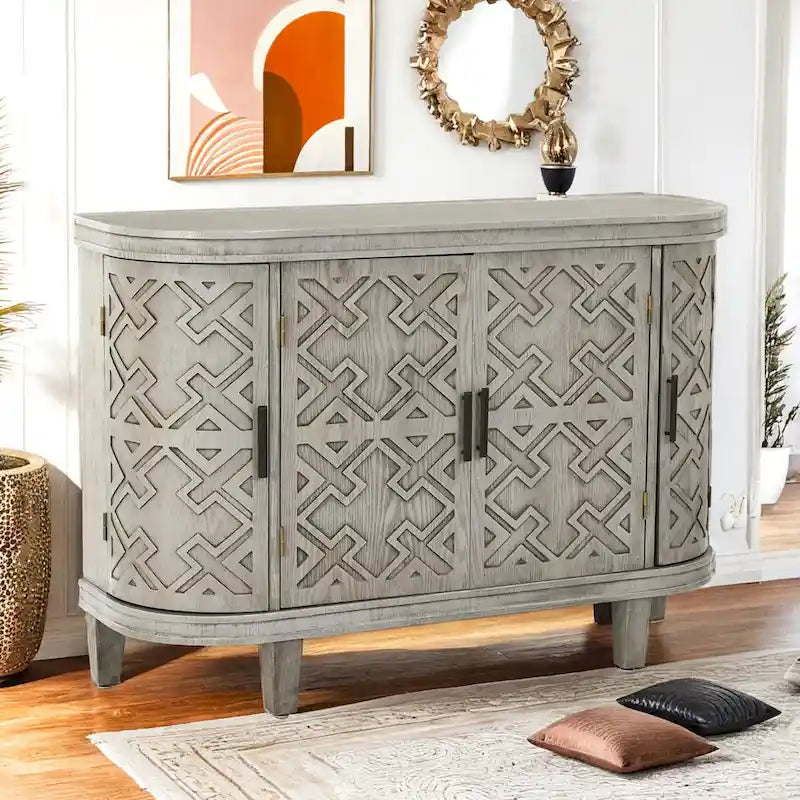 Buffet avec portes à motifs rétro en relief et pieds en bois de sapin – Noir / Blanc / Gris antique / Bleu marine, MDF