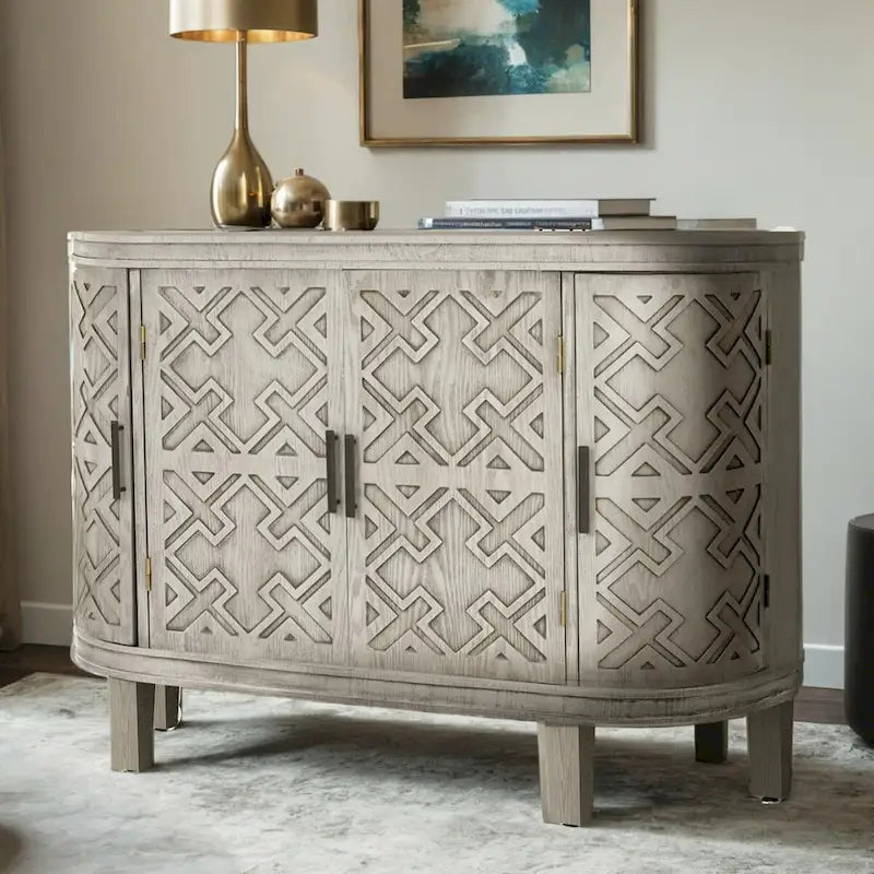 Buffet avec portes à motifs rétro en relief et pieds en bois de sapin – Noir / Blanc / Gris antique / Bleu marine, MDF
