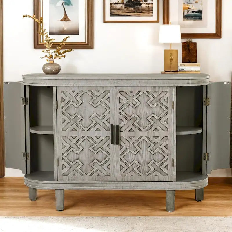 Buffet avec portes à motifs rétro en relief et pieds en bois de sapin – Noir / Blanc / Gris antique / Bleu marine, MDF