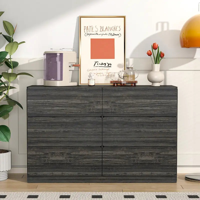 Commode 6 tiroirs à bords arrondis – Marron / Gris / Gris foncé, surface anti-rayures