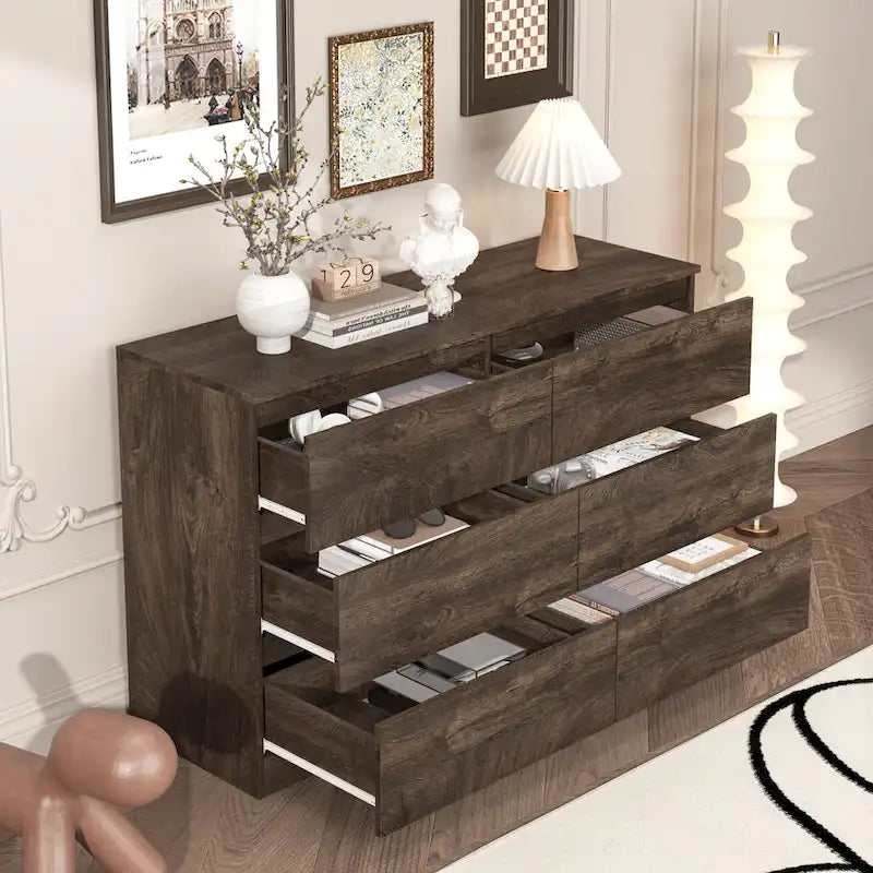 Commode 6 tiroirs à bords arrondis – Marron / Gris / Gris foncé, surface anti-rayures